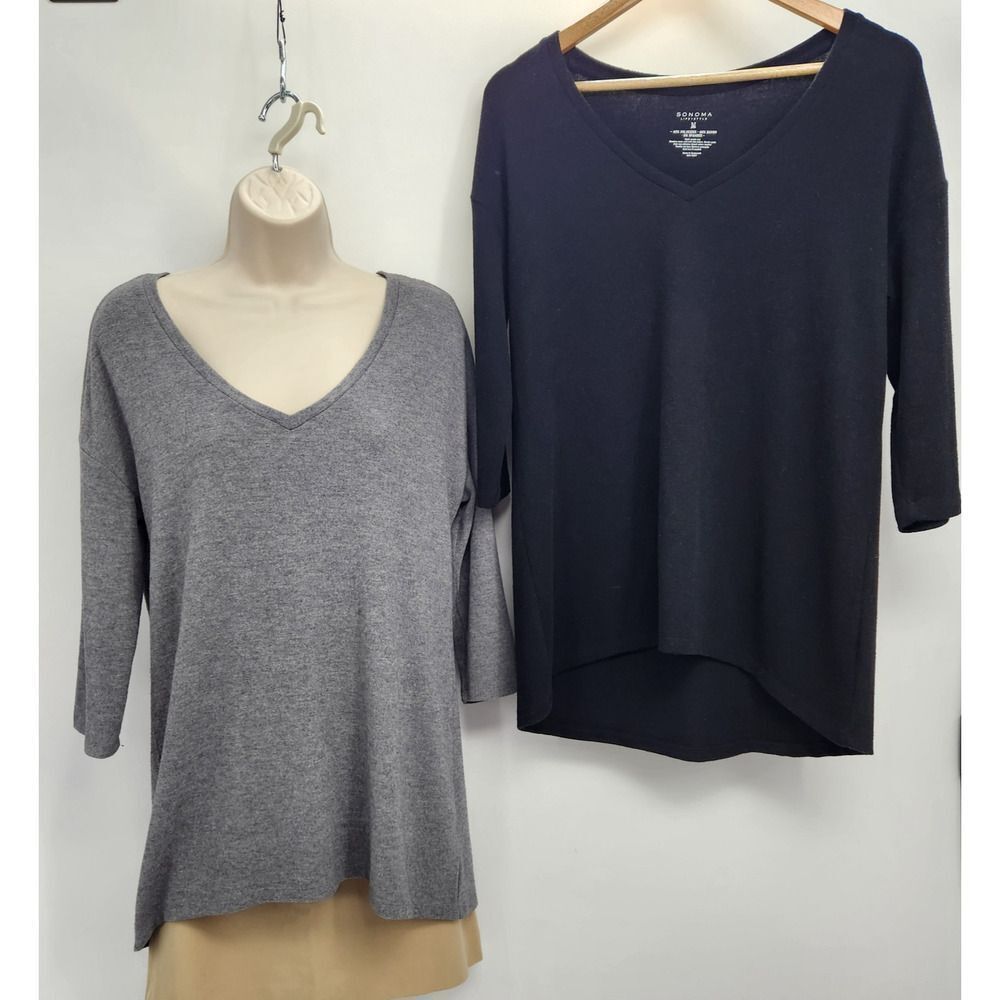 Sonoma 2 Pullover V-Neck Tops Size Large Gray, Black Hi-Lo 3/4 Sleeve